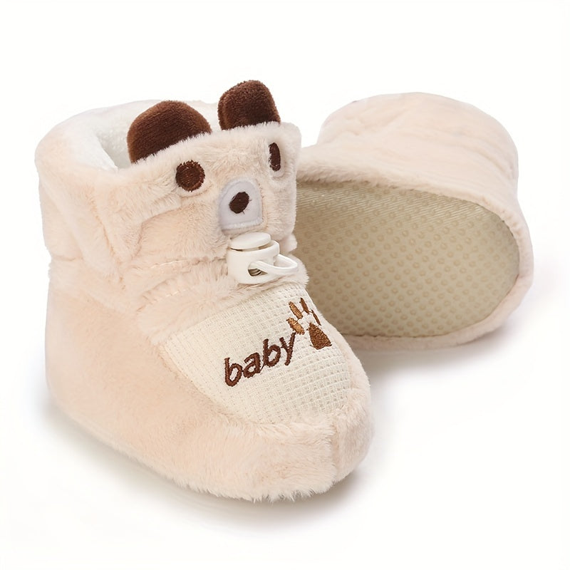 Chaussures d'hiver pour nouveau-nés 0-1 an, bottes chaudes doublées peluche avec motifs mignons, semelles souples, chaus