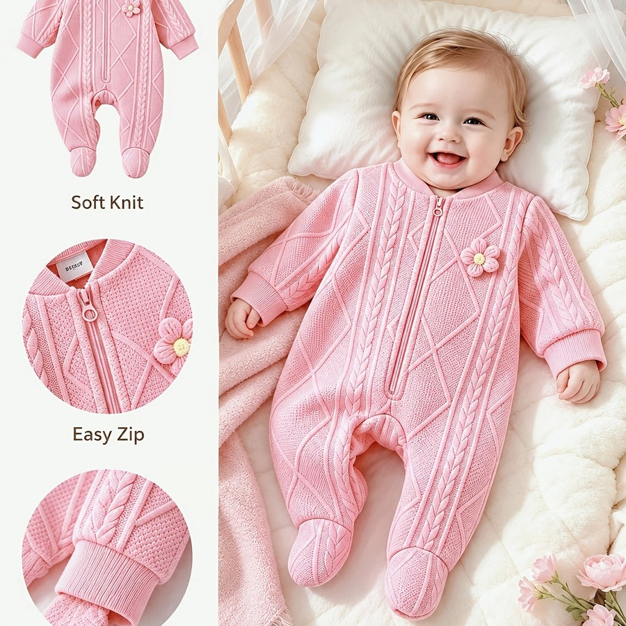 Combinaison bébé à fermeture éclair, tissu jacquard à motif fleurs 3D — Monptitlou