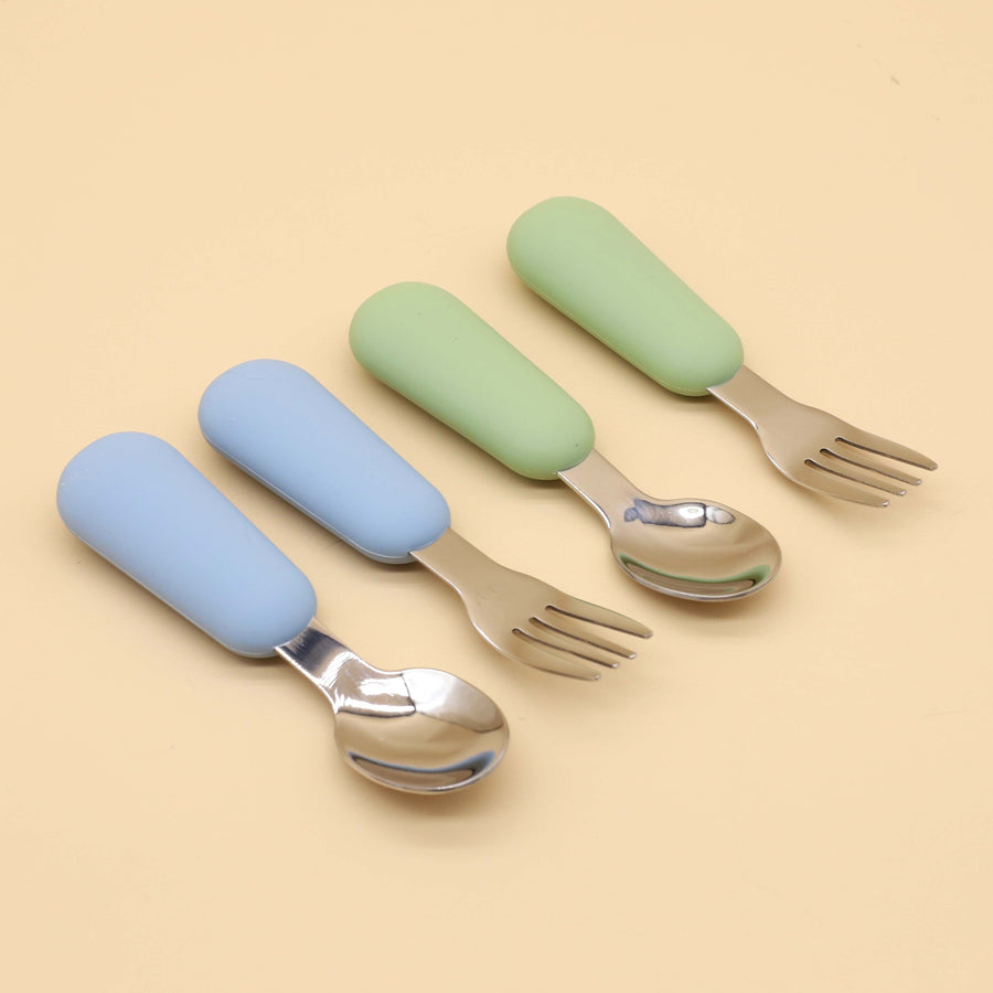 Cuillère et fourchette en acier inoxydable 304 avec manche en silicone, pour bébé