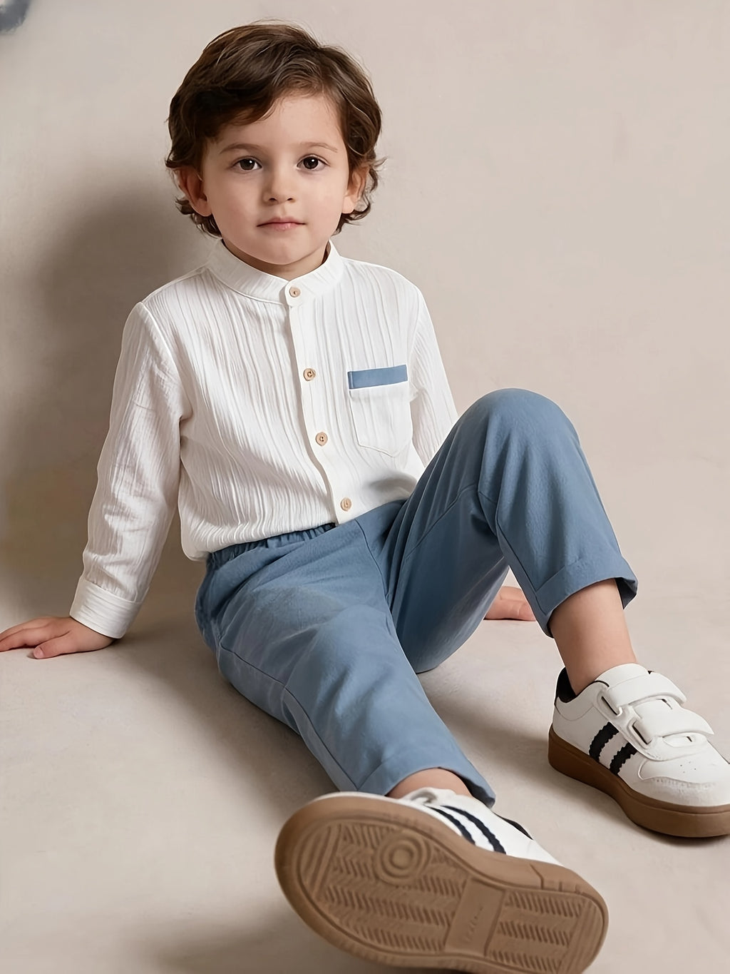 [Idéal été automne] Ensemble chemise à manches longues unie et rayée et — Monptitlou