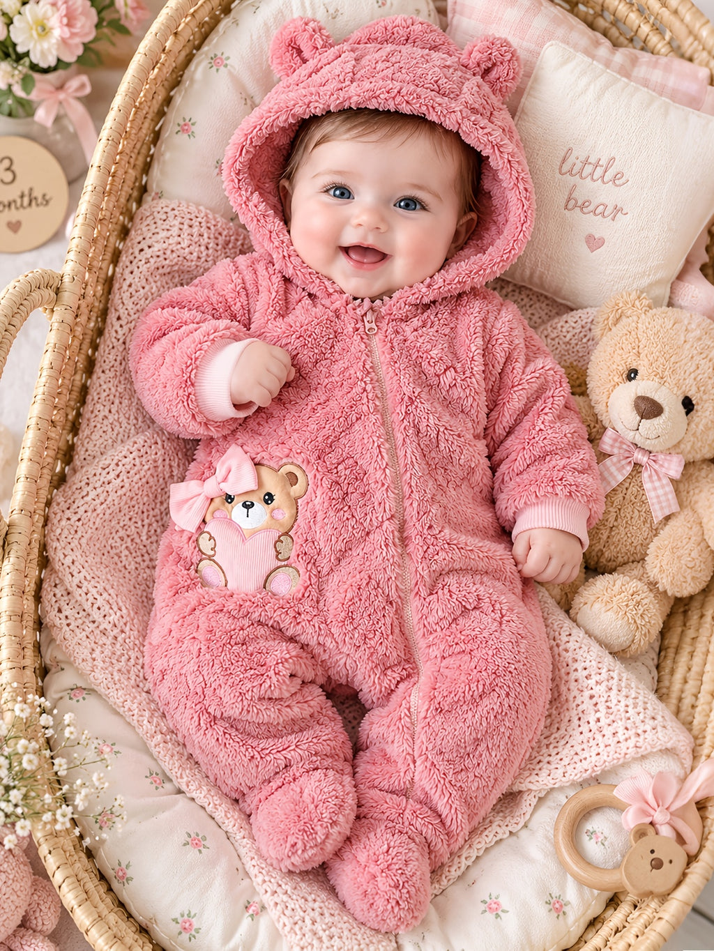 Combinaison à capuche en polaire ours rose pour bébé fille — Monptitlou
