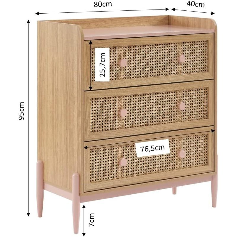 Commode enfant MAREO 80 cm rose pastel et effet chêne avec cannage — Monptitlou