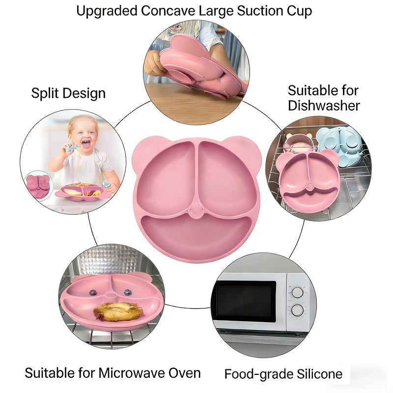 [Cadeau pour enfants] Assiette Divisée en Silicone (avec Ventouse) et 2 Cuillères Complémentaires pour Bébés - Vaisselle