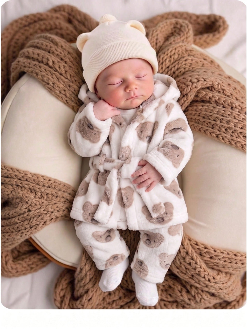 Pour bébé garçon : veste à capuche et pantalon en peluche crème à motif — Monptitlou