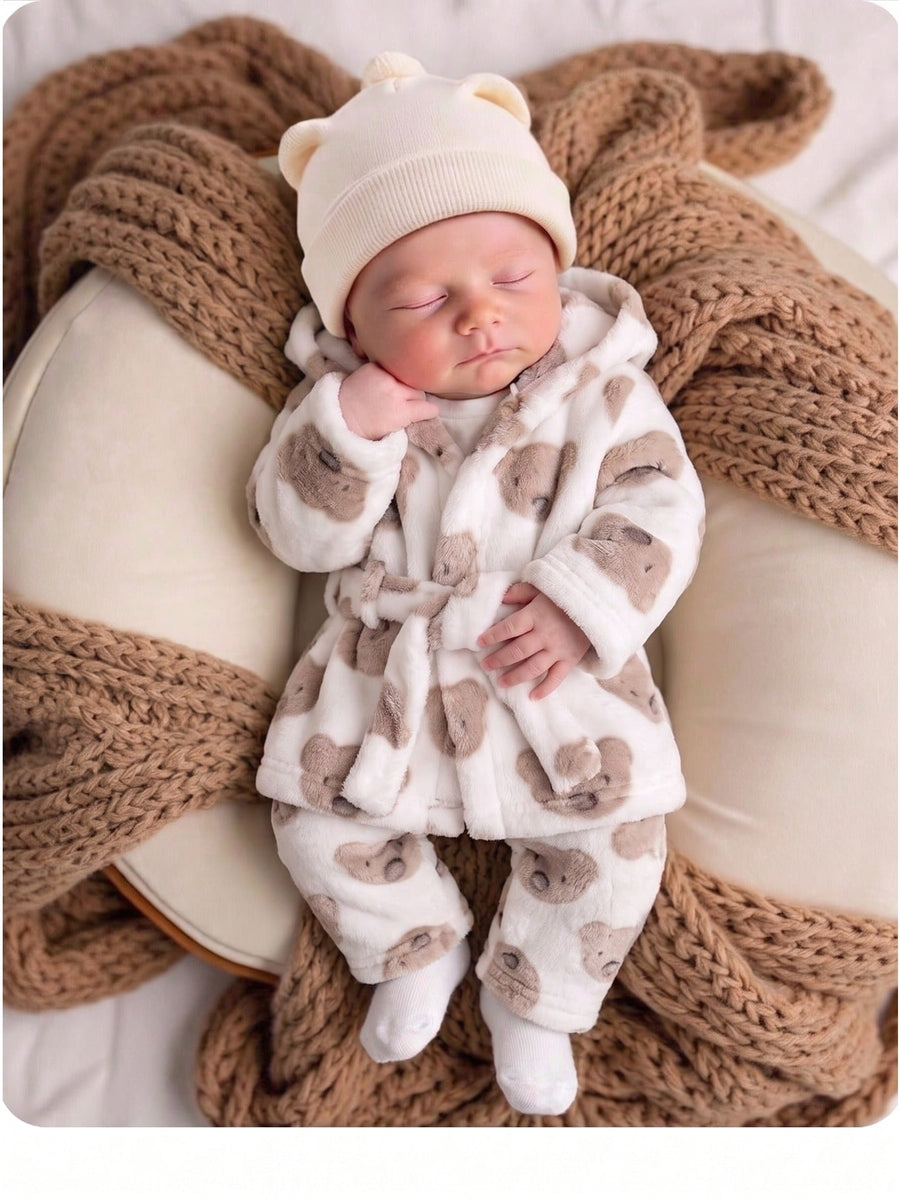 Pour bébé garçon : veste à capuche et pantalon en peluche crème à motif — Monptitlou