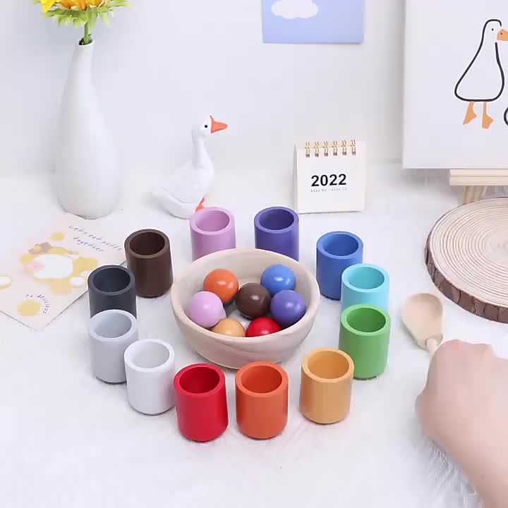 Jeu de tri des couleurs en bois avec 7 boules arc-en-ciel et 7 coupes — Monptitlou