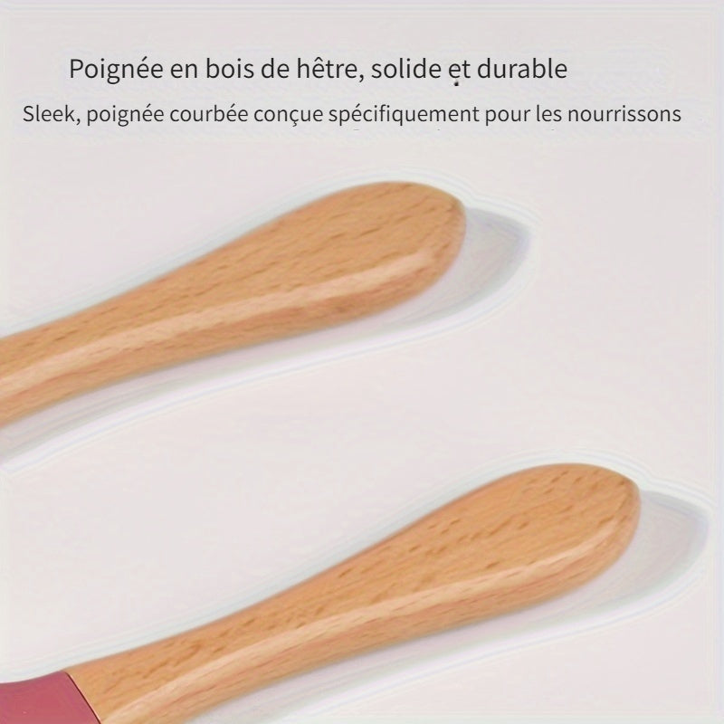 Cuillère en silicone alimentaire avec manche en bois, fourchette et cuillère d'apprentissage pour bébé, set de 2 pièces