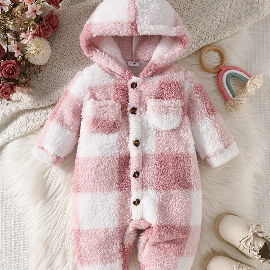 Grenouillère à capuche pour bébé fille en peluche à carreaux roses de — Monptitlou