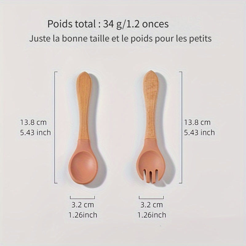 Cuillère en silicone alimentaire avec manche en bois, fourchette et cuillère d'apprentissage pour bébé, set de 2 pièces