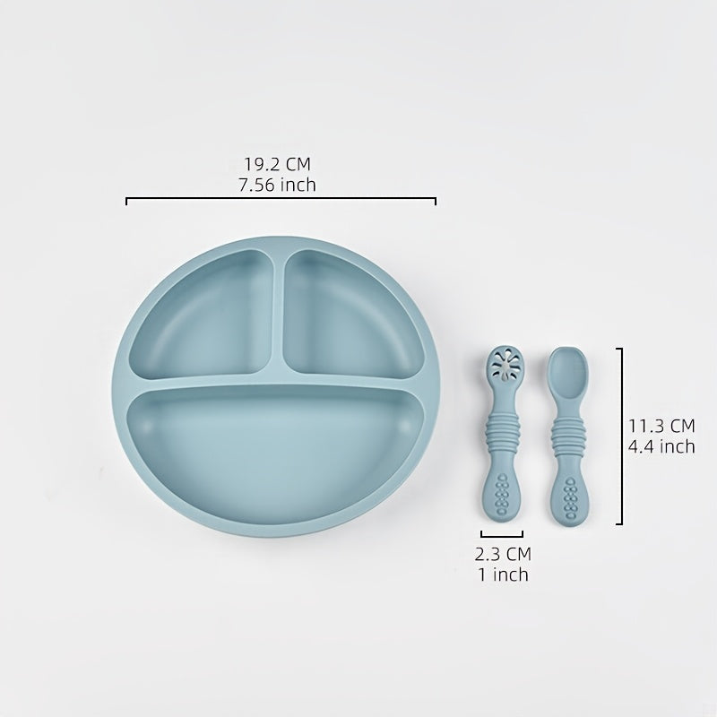 Ensemble de couverts en silicone alimentaire pour bébé - 3 pièces : assiette ronde, cuillère à fentes, cuillère à purée 