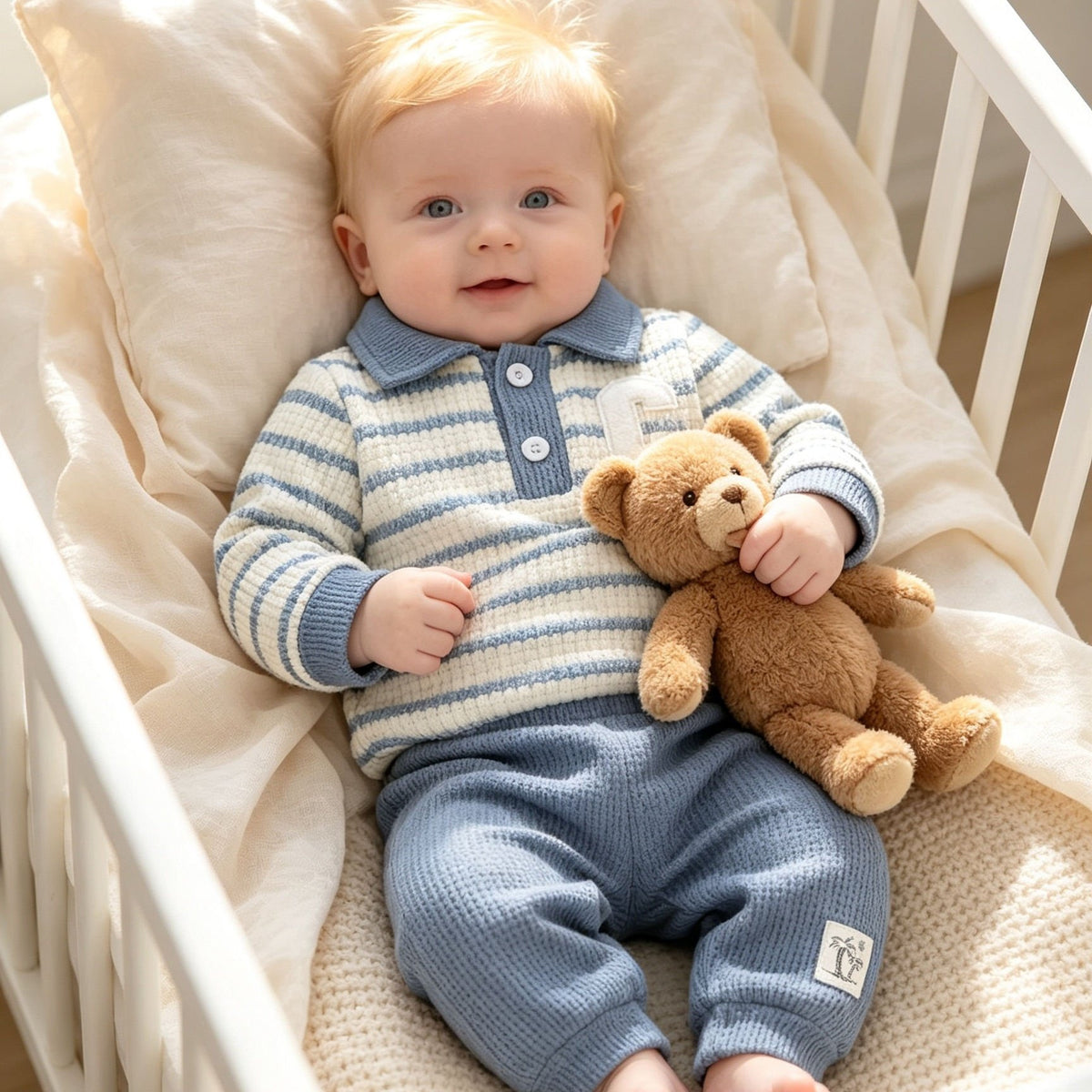 Pantalons polo à col pour bébé 0-1 an, bleu et blanc rayés — Monptitlou Image