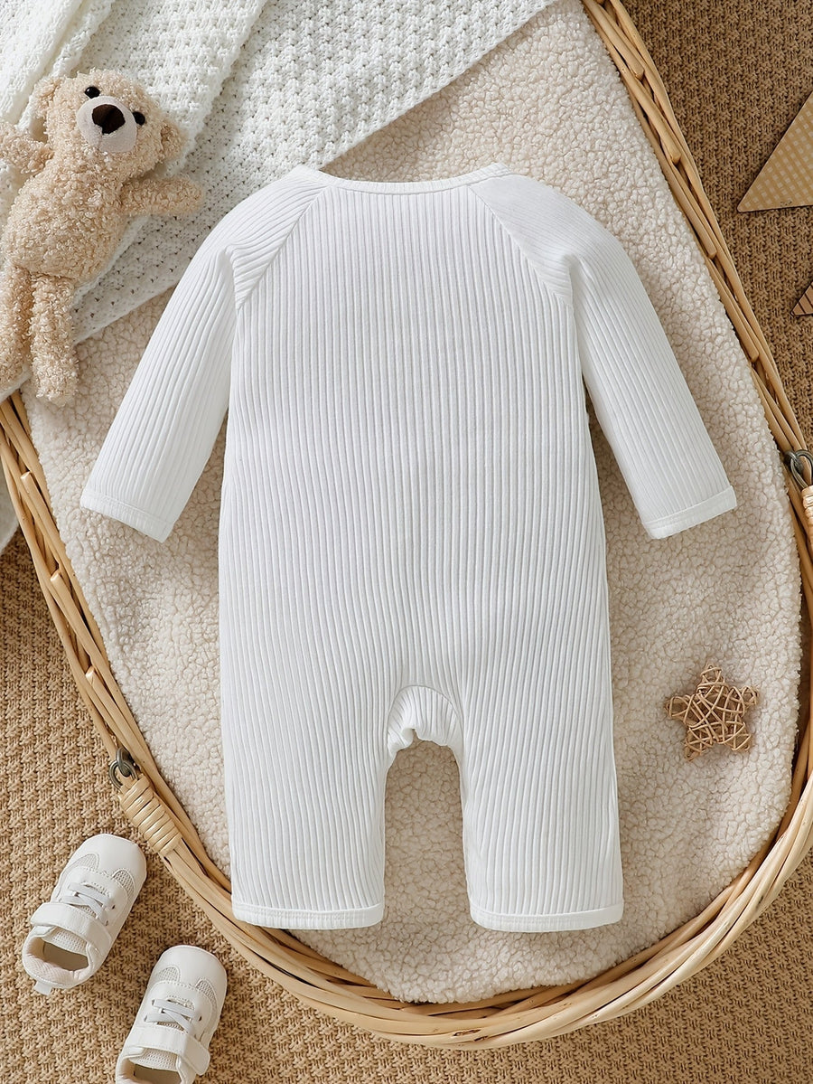 Barboteuse pour nouveau-né avec joli décor d'ours, à manches longues, boutonnée, couleur unie, en côtes, vêtement de béb