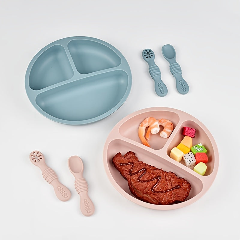 Ensemble de couverts en silicone alimentaire pour bébé - 3 pièces : assiette ronde, cuillère à fentes, cuillère à purée 