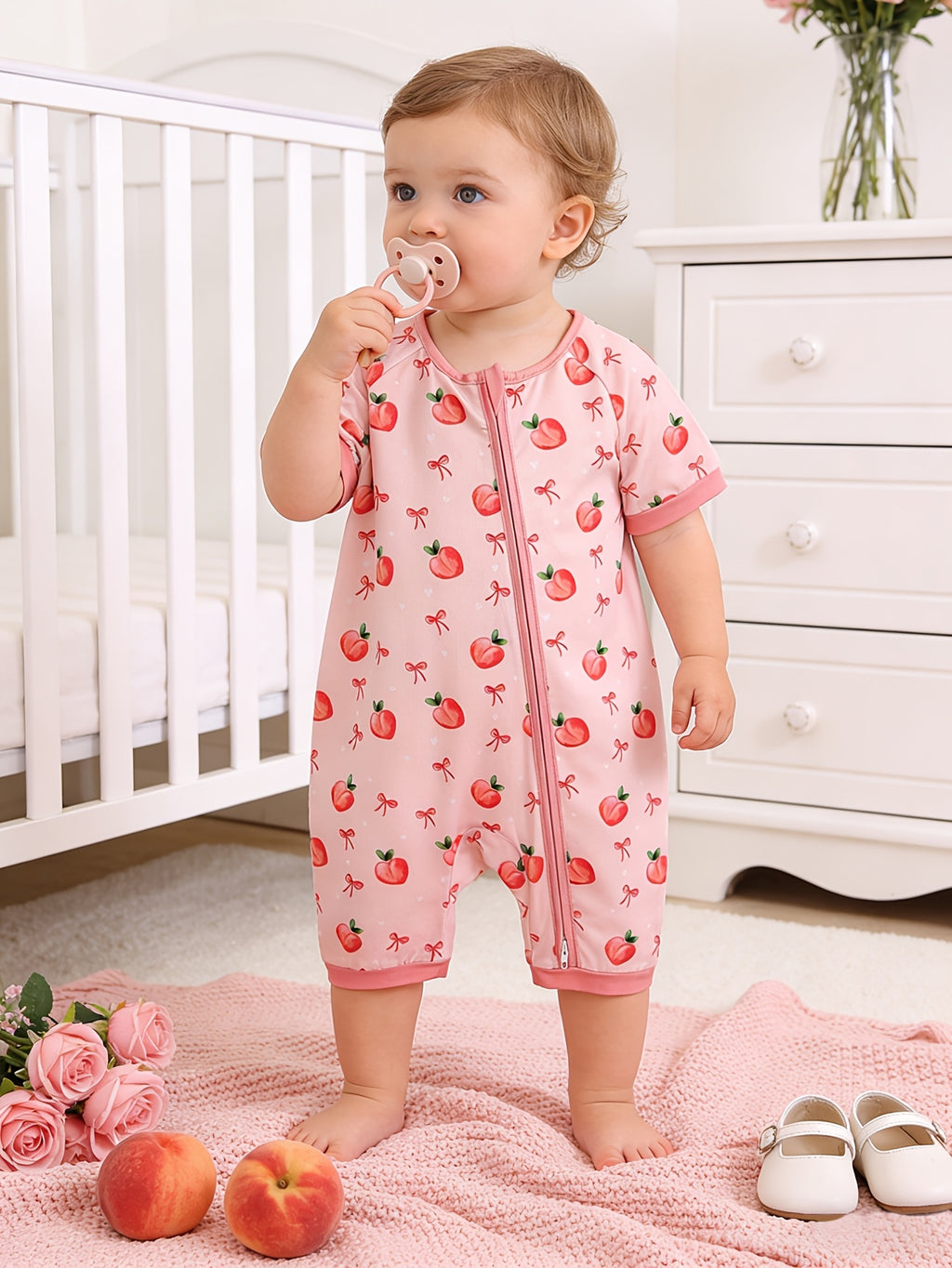 Combinaison bébé fille à motif pêches et nœuds — Monptitlou