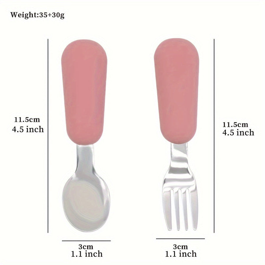 Cuillère et fourchette en acier inoxydable 304 avec manche en silicone, pour bébé
