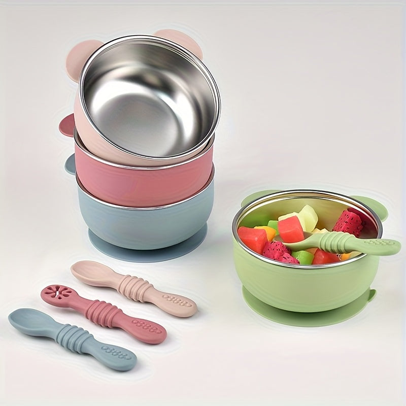 Lot de 3 pièces vaisselle bébé bol en acier inoxydable 304 avec manchon antidérapant alimentaire et cuillère à lécher, b