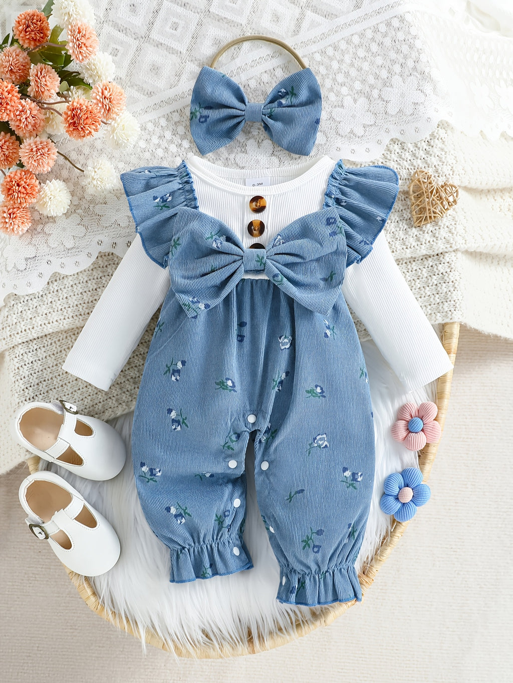 Barboteuse Bébé Fille Mignonne à Manches Longues avec Nœud Floral et — Monptitlou