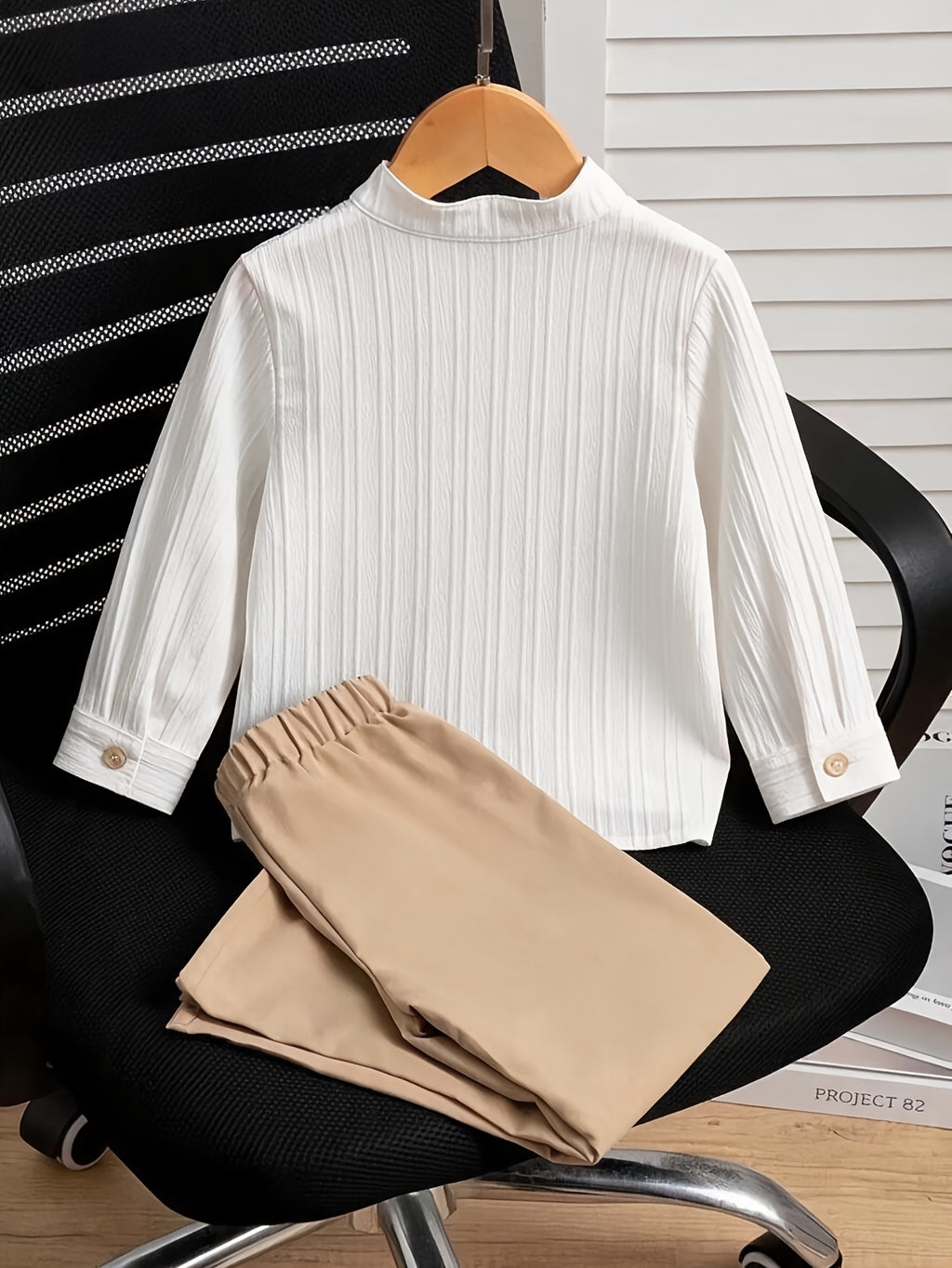[Idéal été automne] Ensemble chemise à manches longues unie et rayée et — Monptitlou