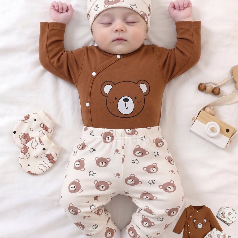 Ensemble cadeau pour bébé : Nouveau-né, ours boutonné, manches longues — Monptitlou