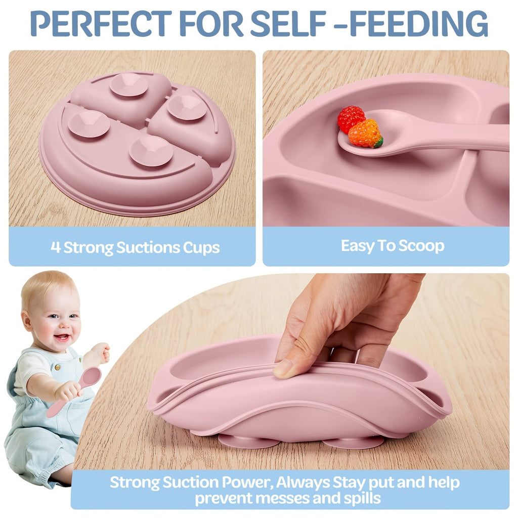 Lot de 8 pièces set d'alimentation bébé en silicone, incluant bol avec ventouse, assiette séparatrice, cuillère, fourche