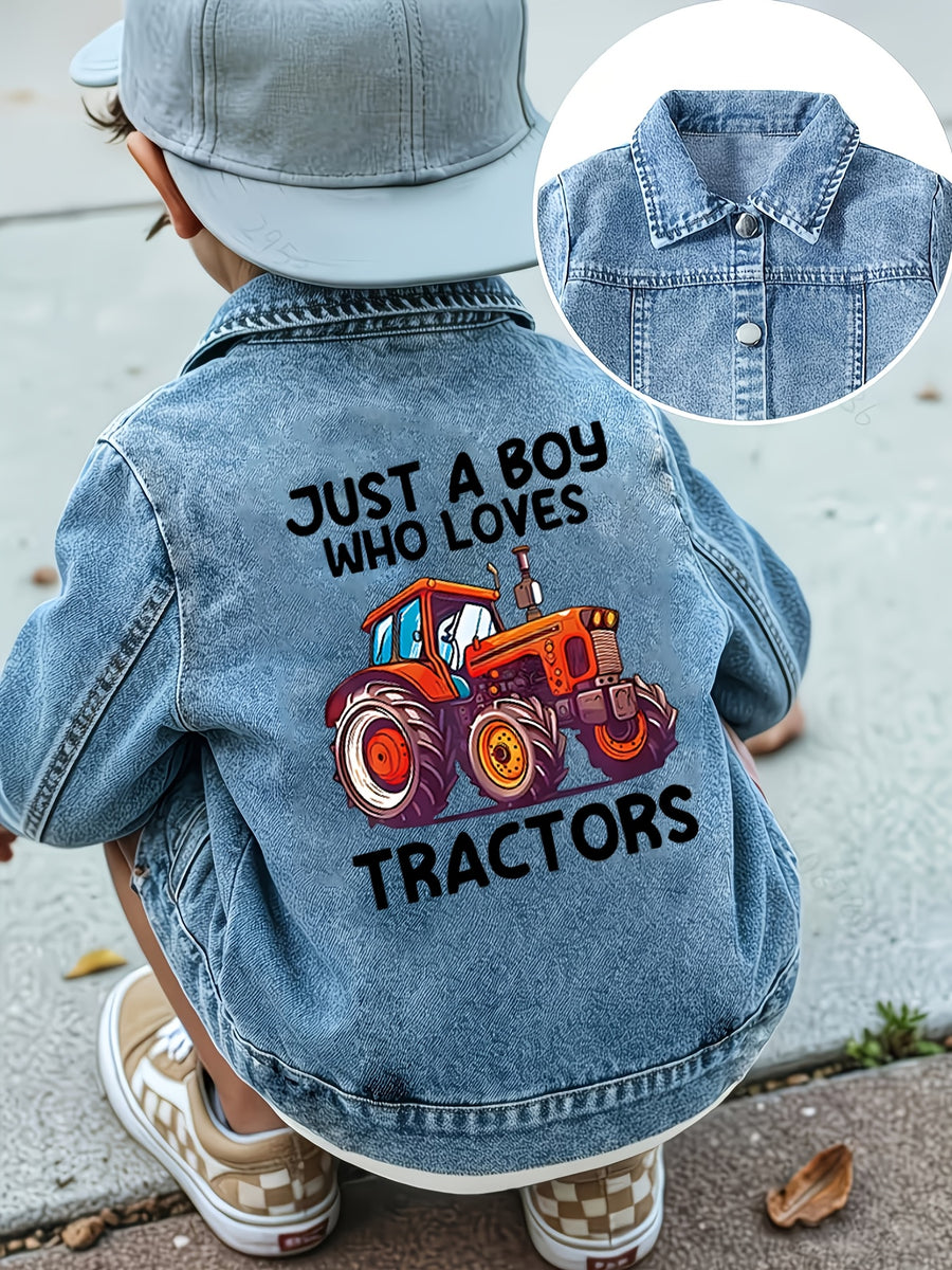 Veste en jean pour garçon avec motif tracteur cartoon orange au dos et — Monptitlou