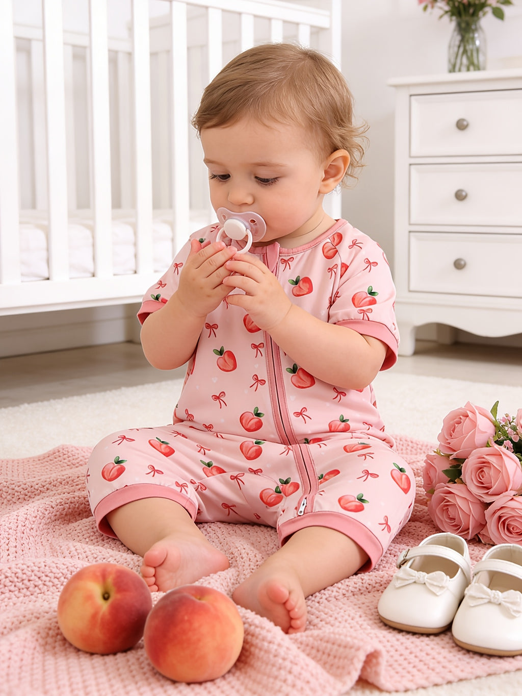 Combinaison bébé fille à motif pêches et nœuds — Monptitlou