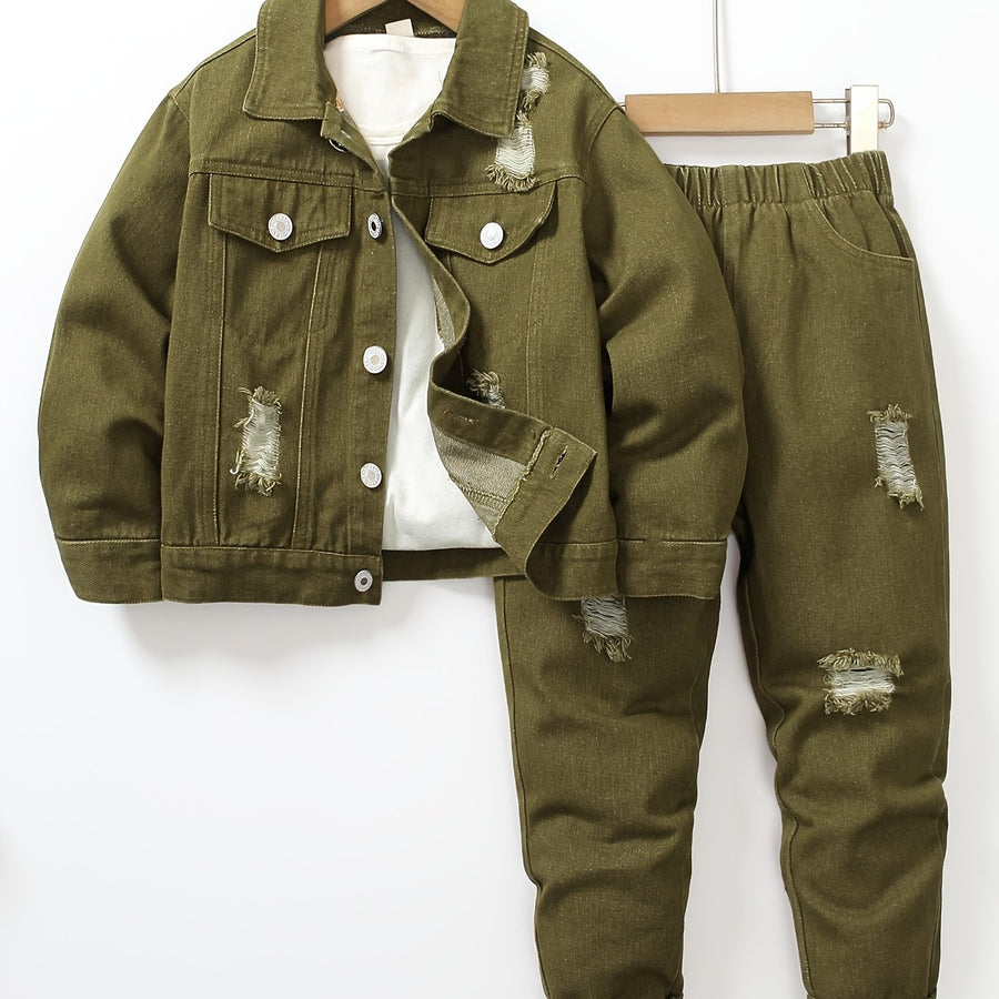 Ensemble Jeans à Manches Longues et Taille Élastique Déchiré pour — Monptitlou