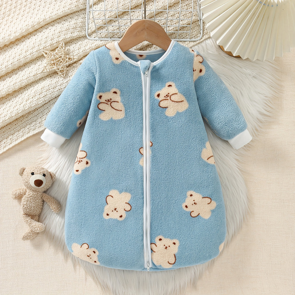 Cadeau de baptême et robe pour bébé, fond bleu, petit ours — Monptitlou