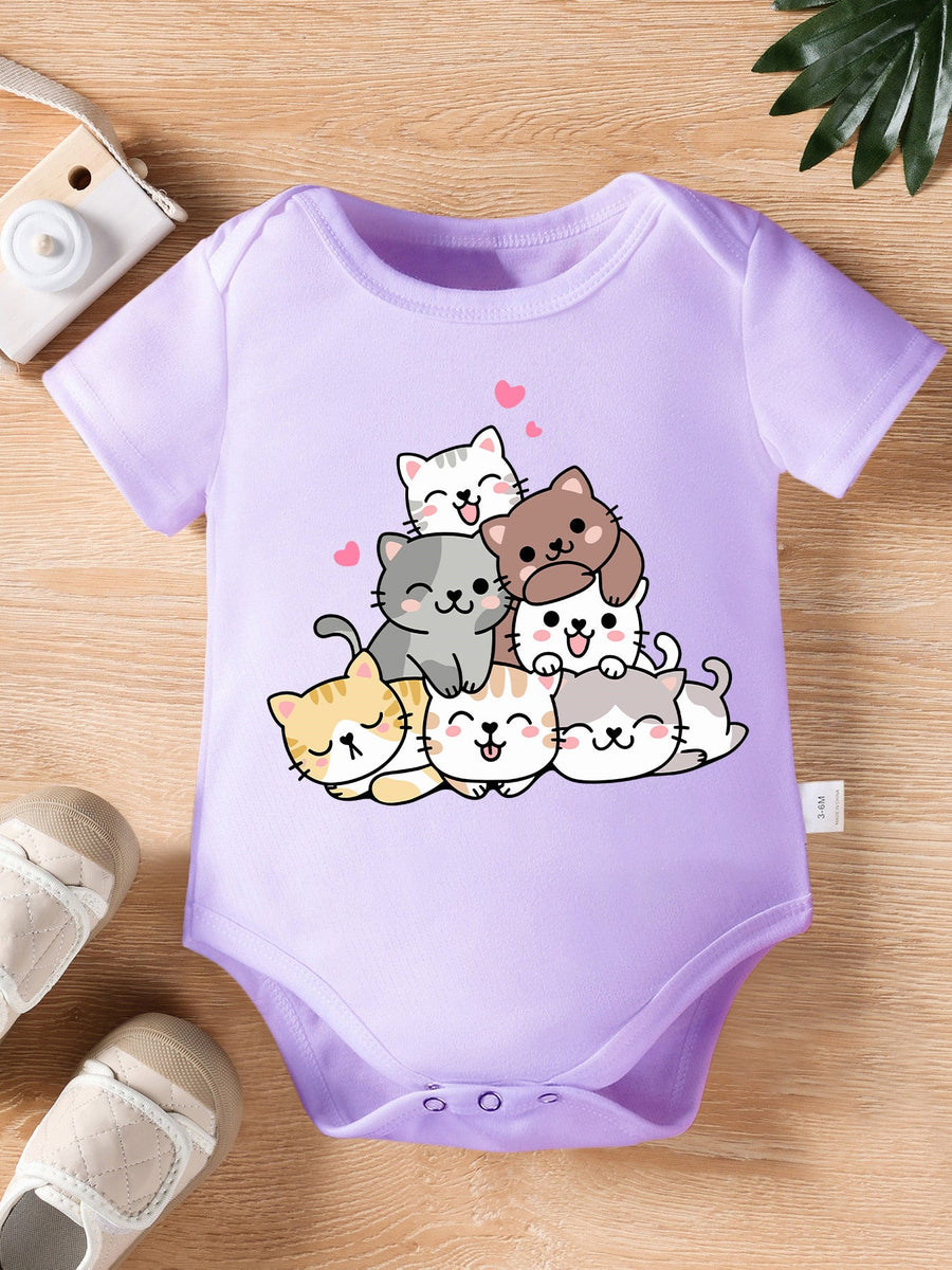 Combinaison à Manches Courtes Mignonne pour Nouveau-né Fille "Amis Chats Amoureux" Imprimé Cartoon Body Triangle Enfant 