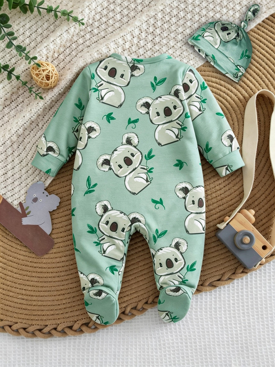 Combinaison bébé pieds doux koala feuille verte unisexe 0-9 mois ensemble body et bonnet pour extérieur
