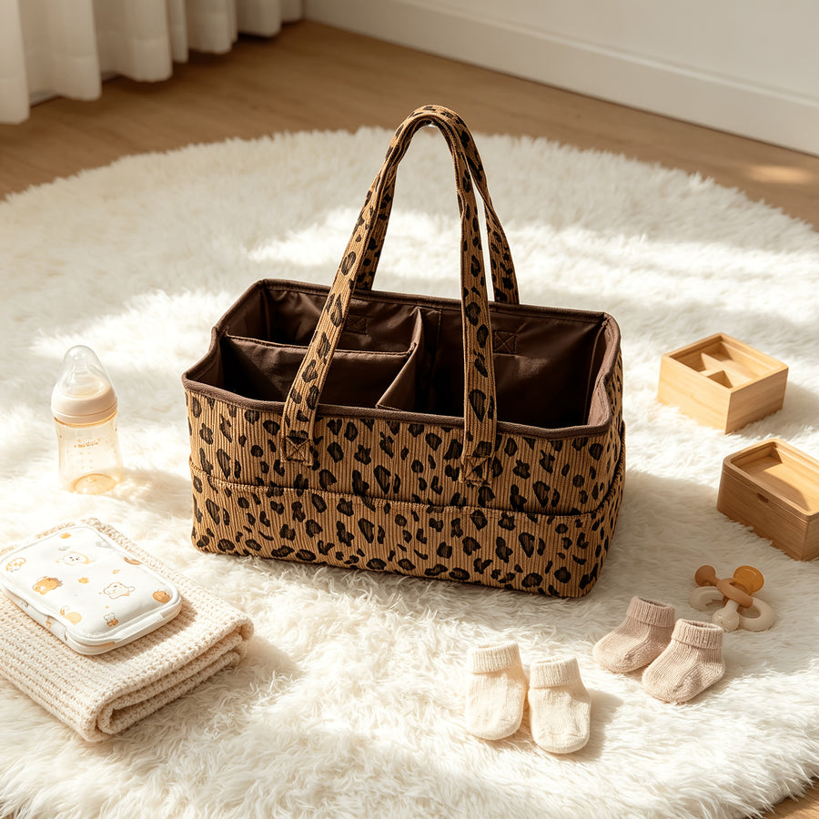 1 panier de rangement pour bébé en velours côtelé à motif léopard — Monptitlou
