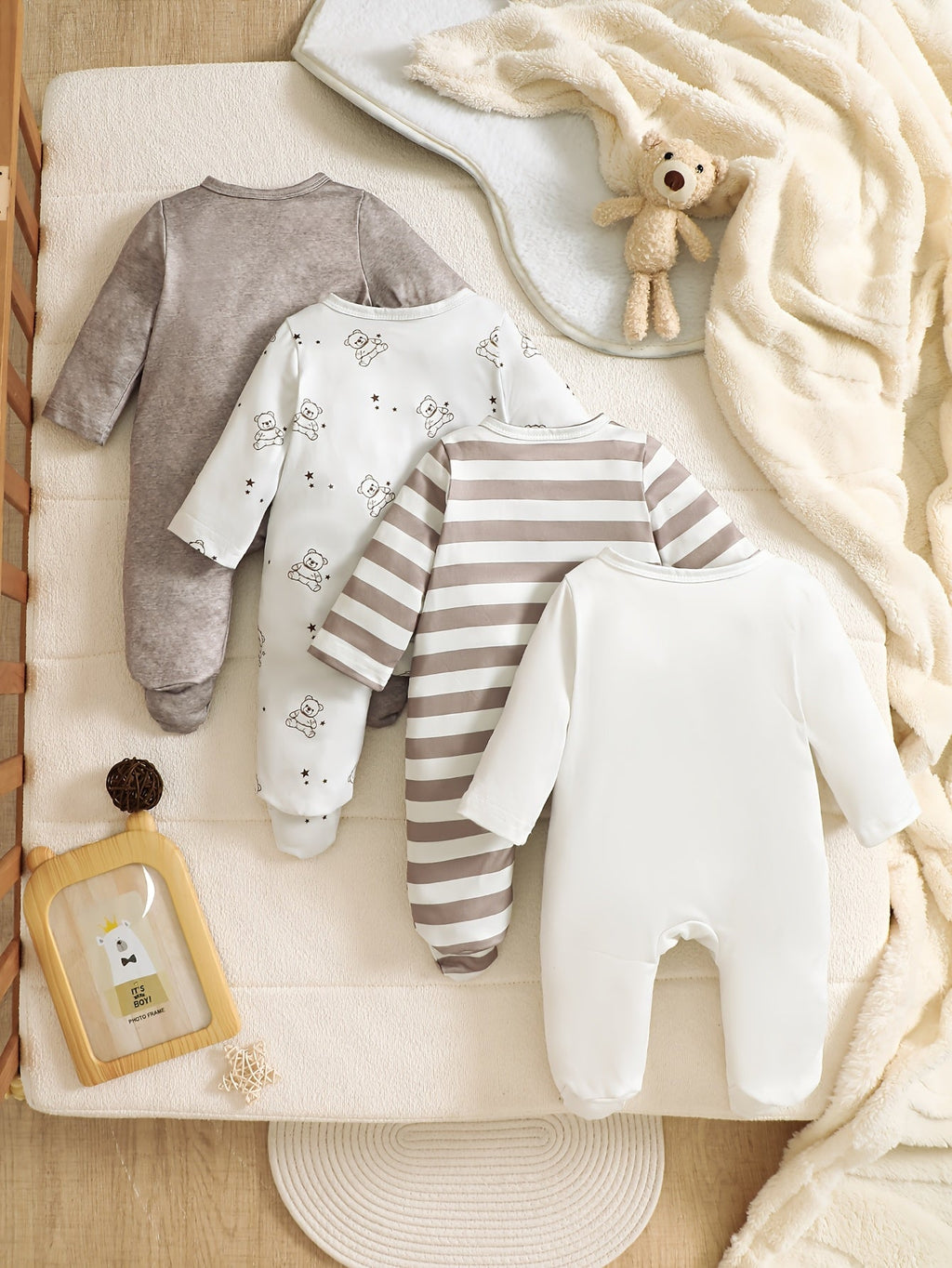 Body pour nouveau-né : rayé marron-gris + imprimé intégral petit ours + — Monptitlou