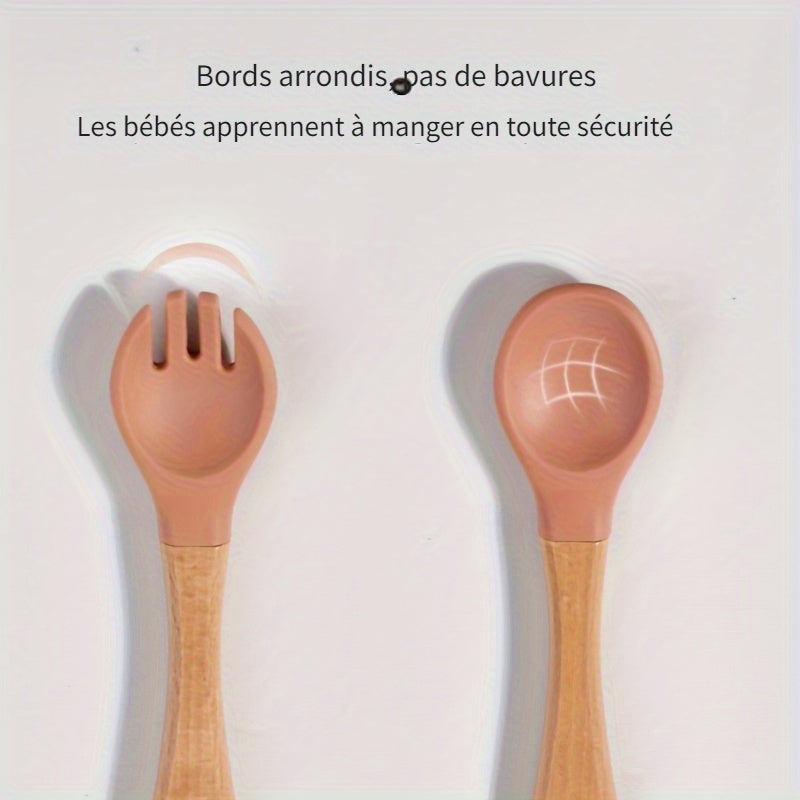 Cuillère en silicone alimentaire avec manche en bois, fourchette et cuillère d'apprentissage pour bébé, set de 2 pièces