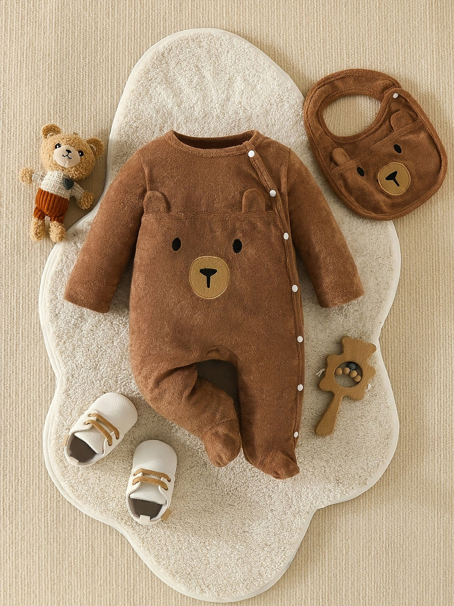 Pyjama pieds intégrés et bavoir ours brun mignon pour bébé garçon — Monptitlou