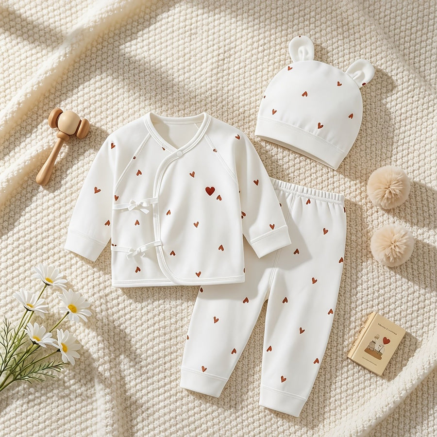 Tenue nouveau-né ensemble haut et bas imprimé cœur doux avec bonnet — Monptitlou