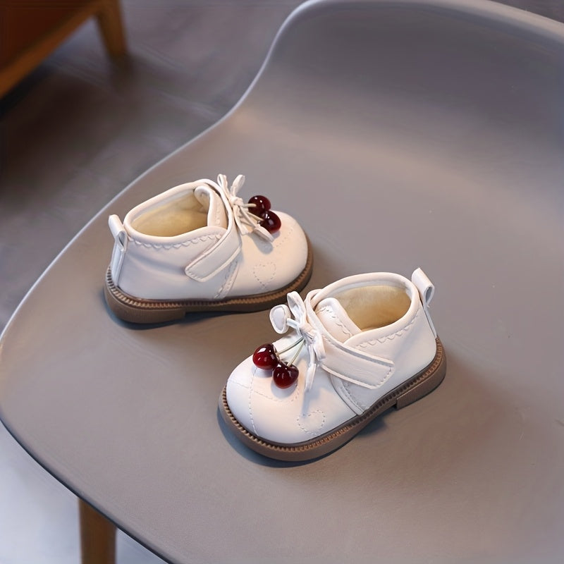 1 paire de bottines enfant nœud papillon cerise avec polaire chaude — Monptitlou