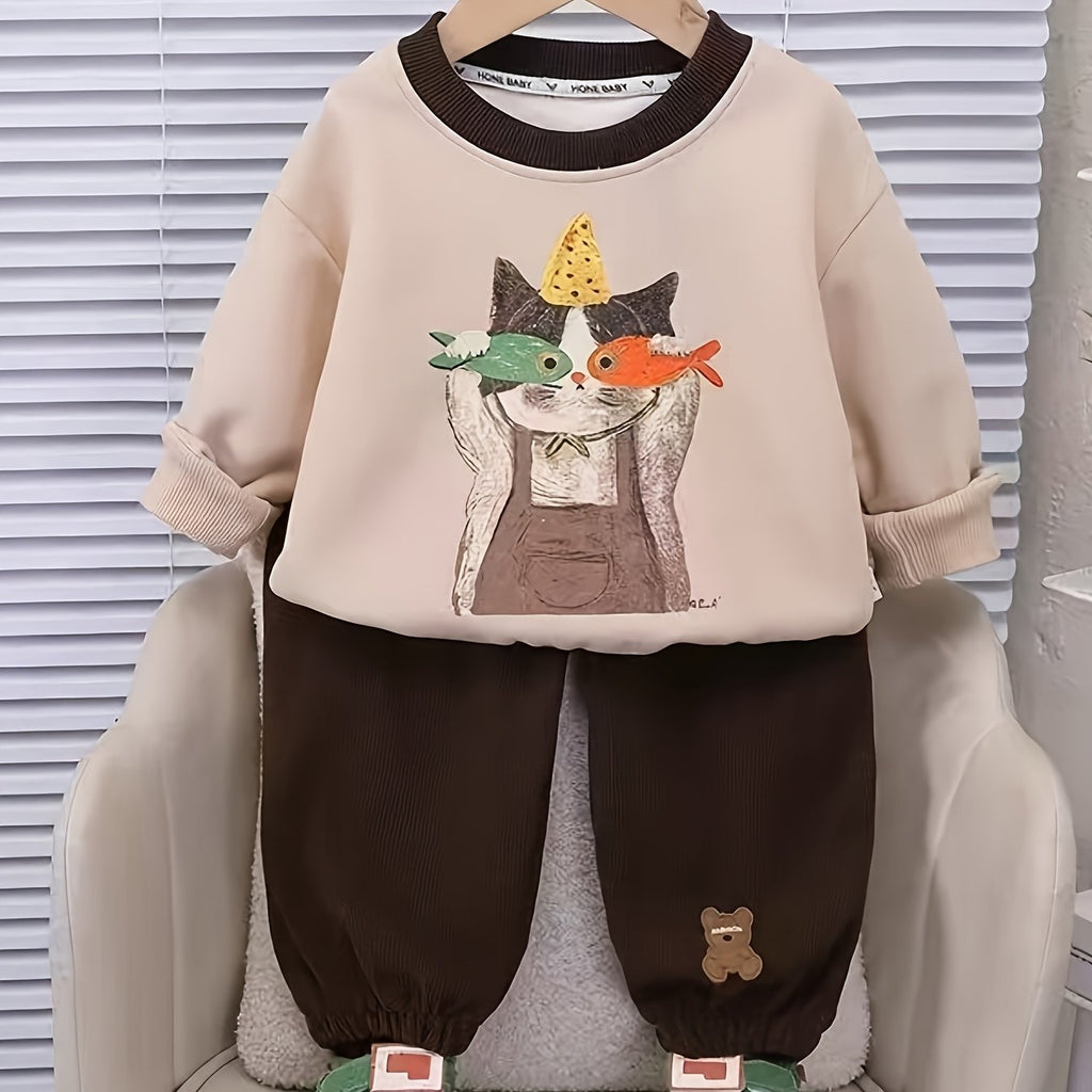 Ensemble 2 pièces haut à imprimé chat de dessin animé et pantalon de — Monptitlou