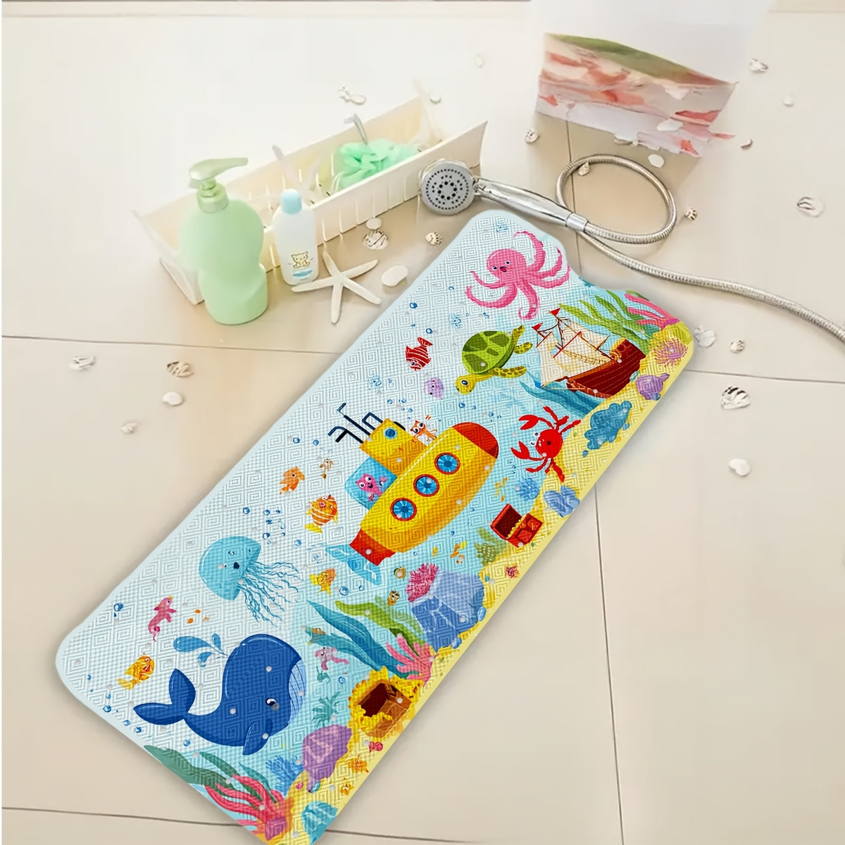 1 tapis de bain, Baleine de profonde, Pieuvre, Tortue, Sous-marin — Monptitlou Image