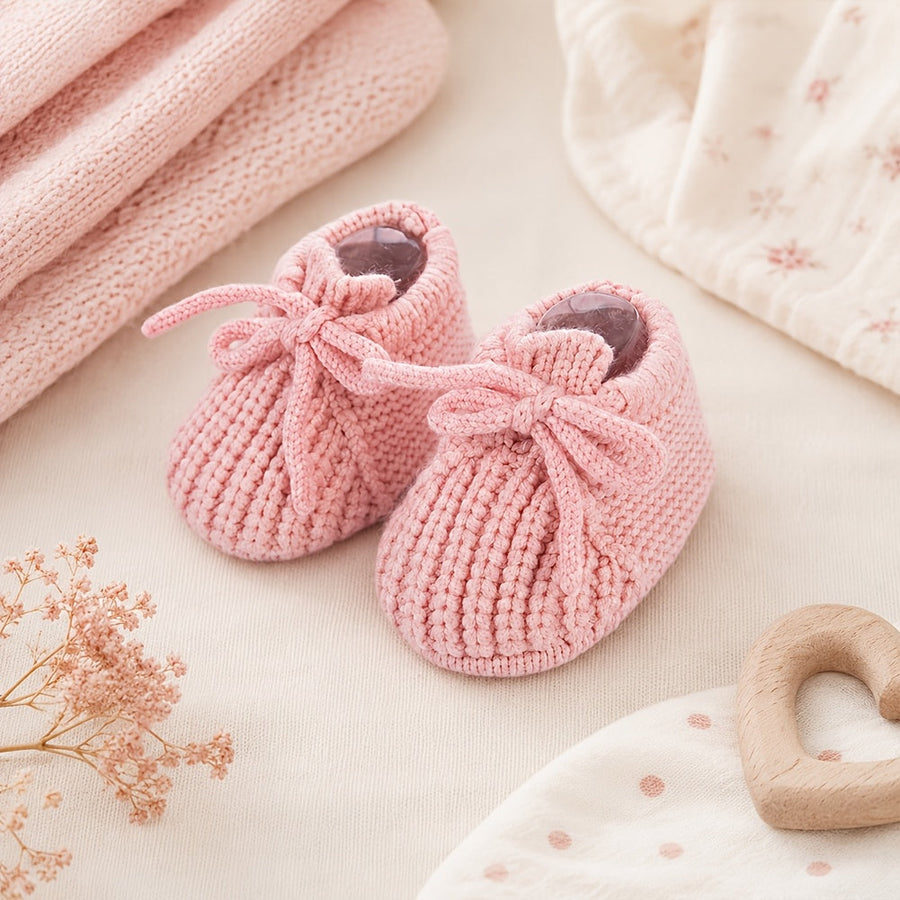 1 Paire Chaussons Crochets Nouveau-né Automne Hiver avec Nœud 0-12 Mois — Monptitlou