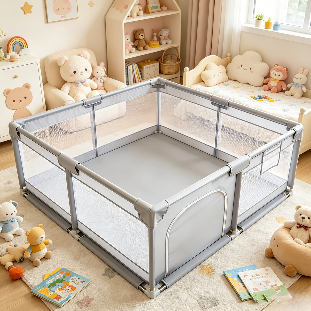 Barrière bébé surdimensionnée grise, filet souple et respirant, photo 13