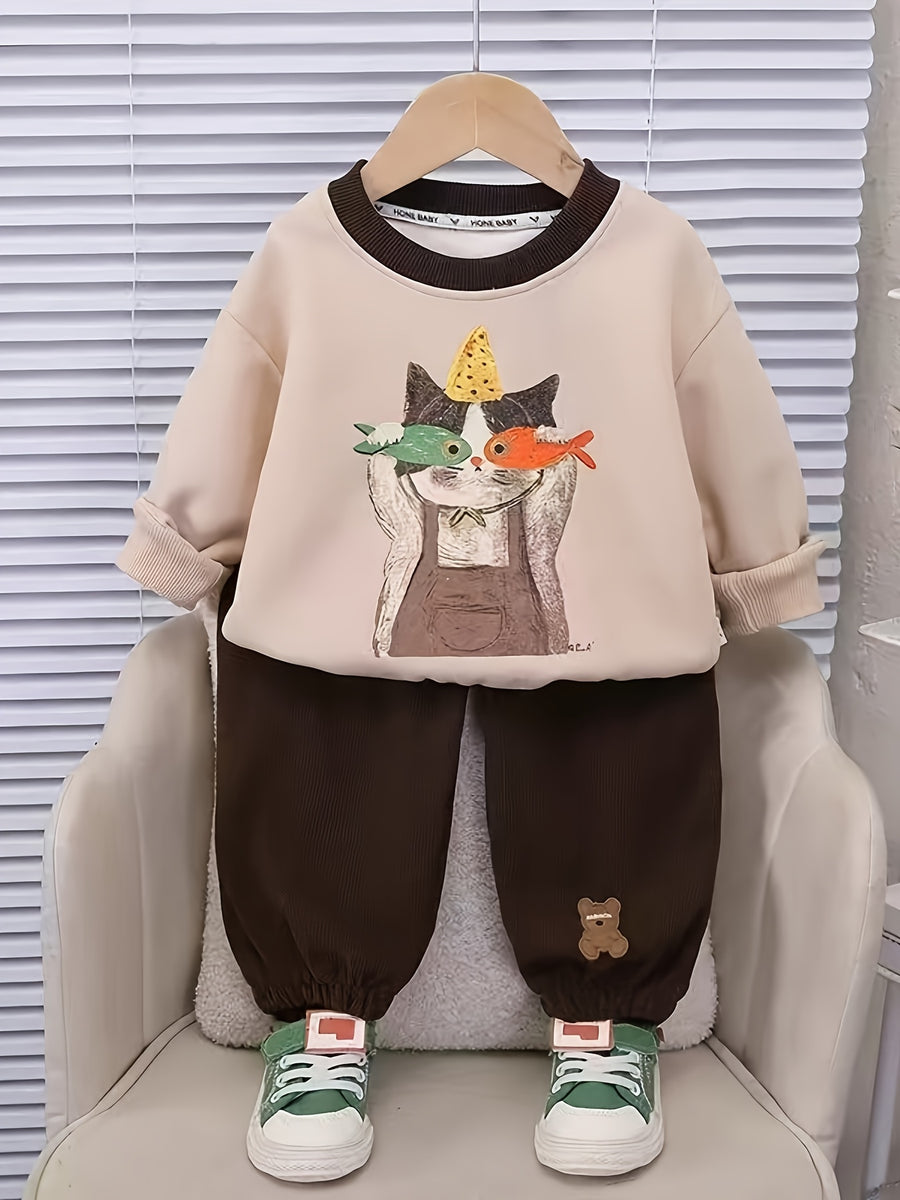 Ensemble 2 pièces haut à imprimé chat de dessin animé et pantalon de — Monptitlou