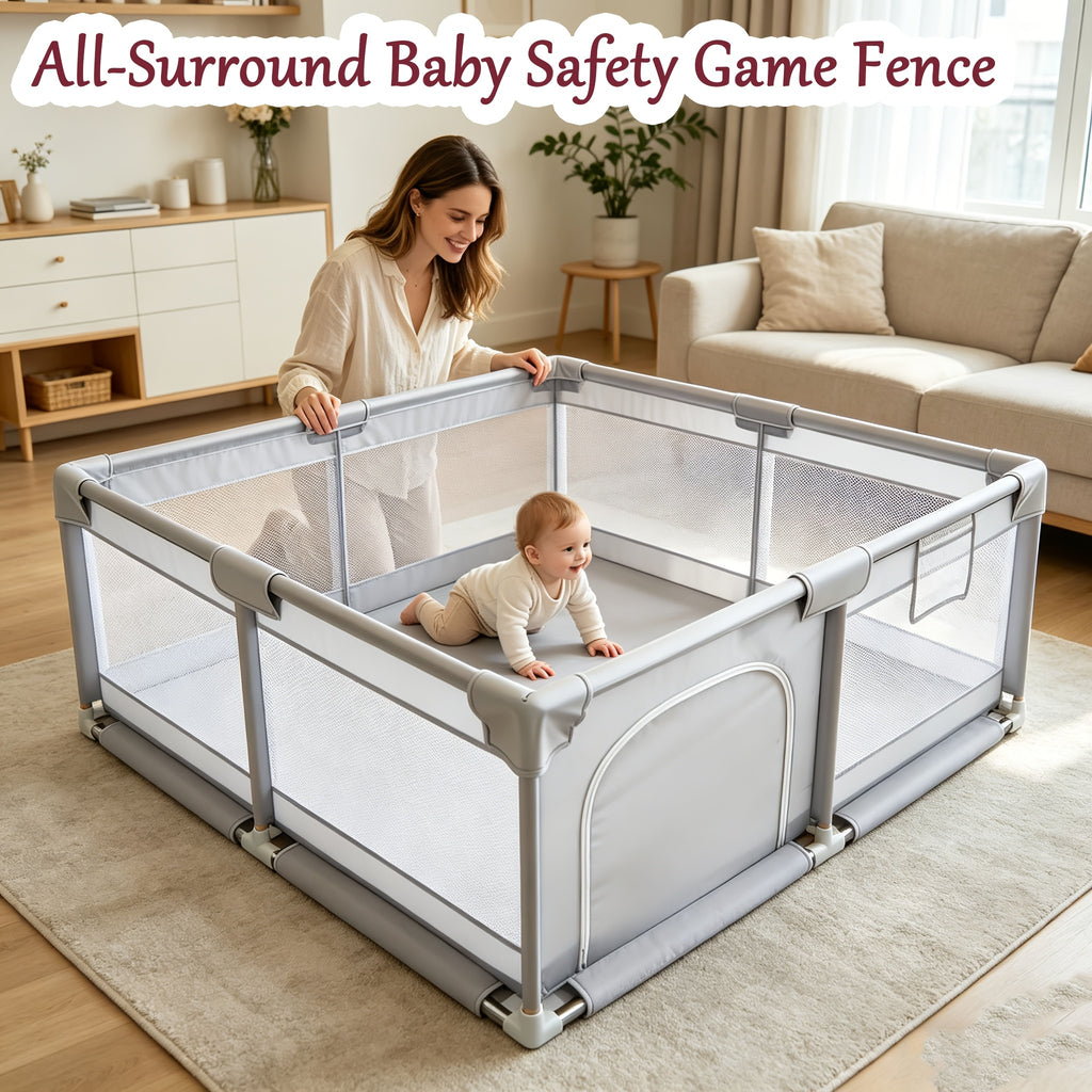 Barrière bébé surdimensionnée grise, filet souple et respirant — Monptitlou