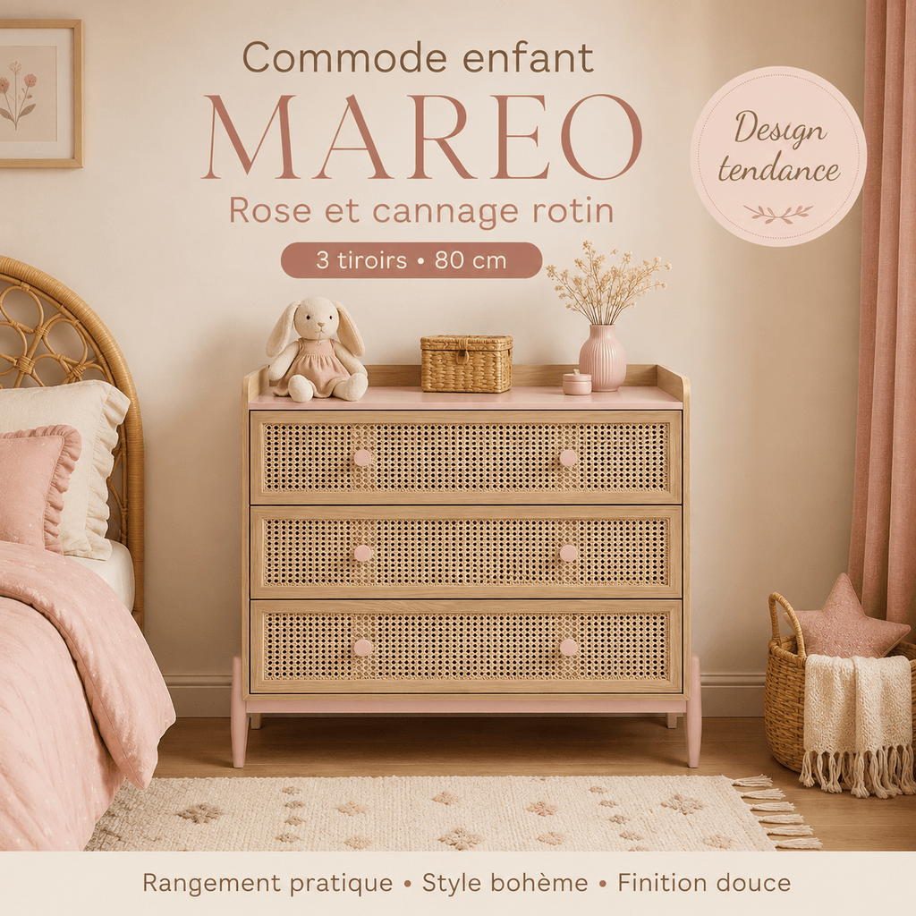 Commode enfant MAREO 80 cm rose pastel et effet chêne avec cannage — Monptitlou