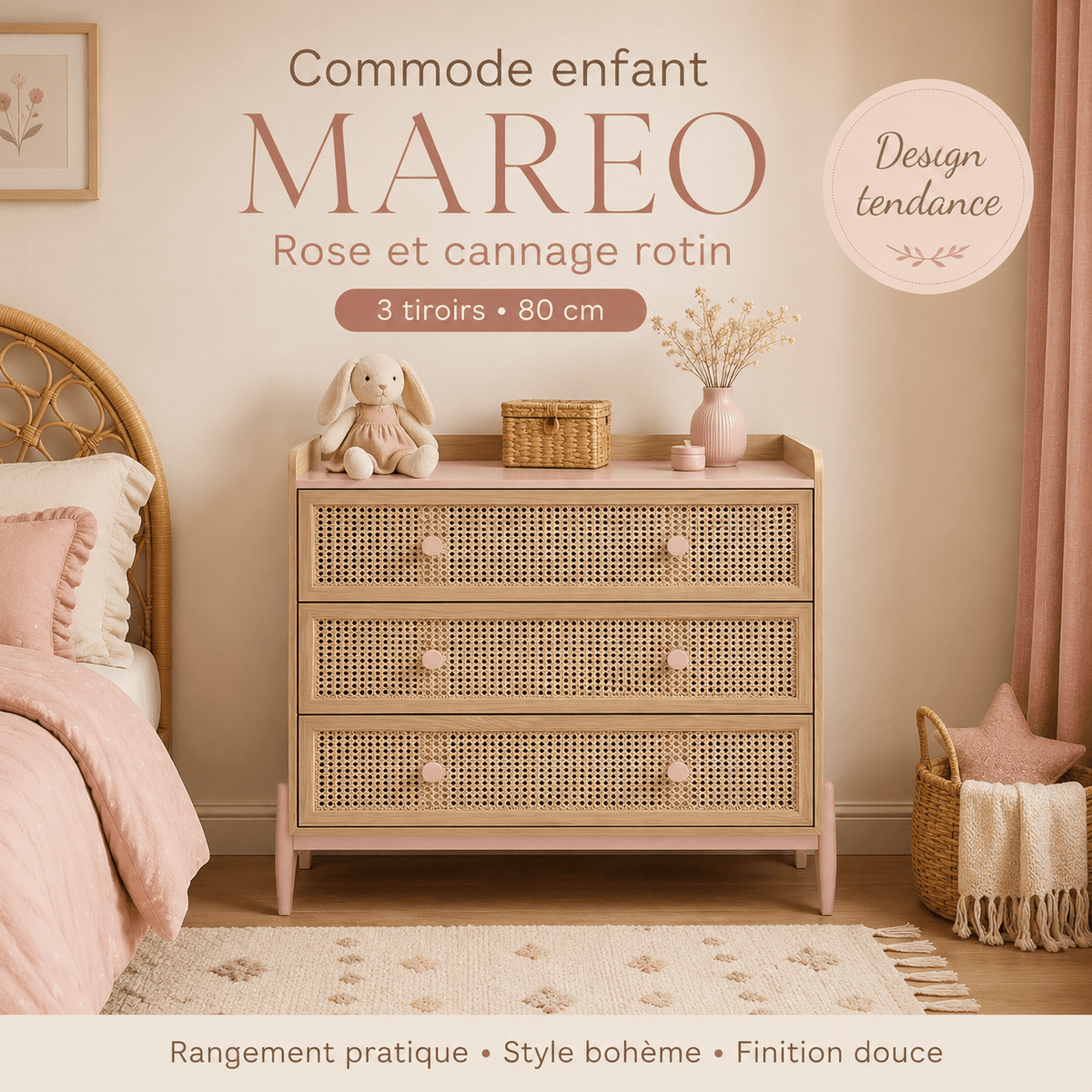 Commode enfant MAREO 80 cm rose pastel et effet chêne avec cannage — Monptitlou Image