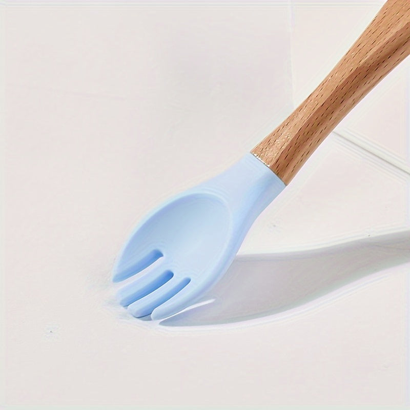 Cuillère en silicone alimentaire avec manche en bois, fourchette et cuillère d'apprentissage pour bébé, set de 2 pièces