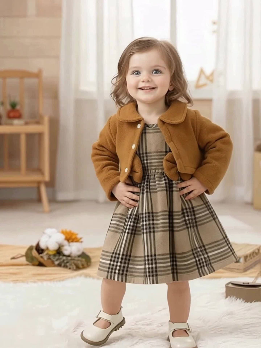 Ensemble robe à carreaux décontractée avec veste courte marron rétro