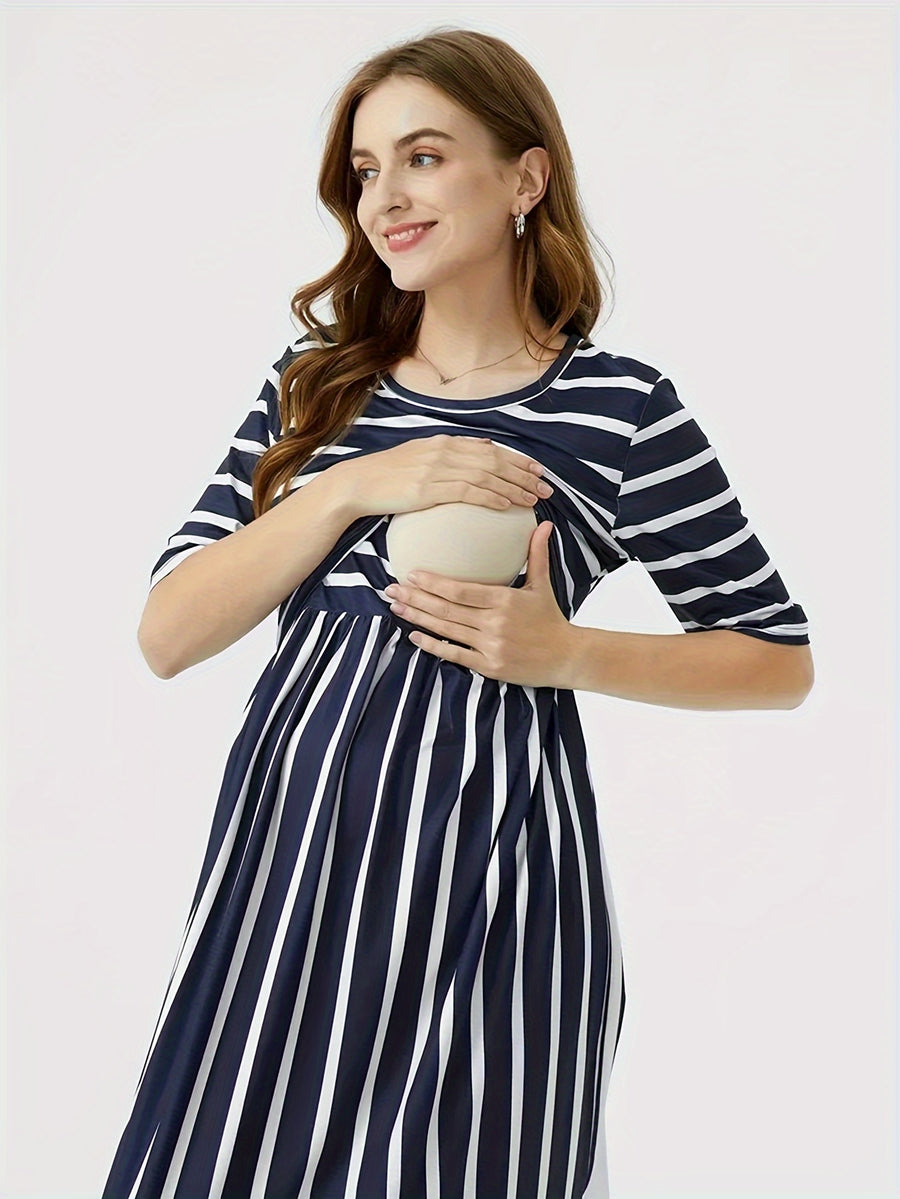 Robe d'allaitement à rayures et col rond pour femmes enceintes tendance — Monptitlou