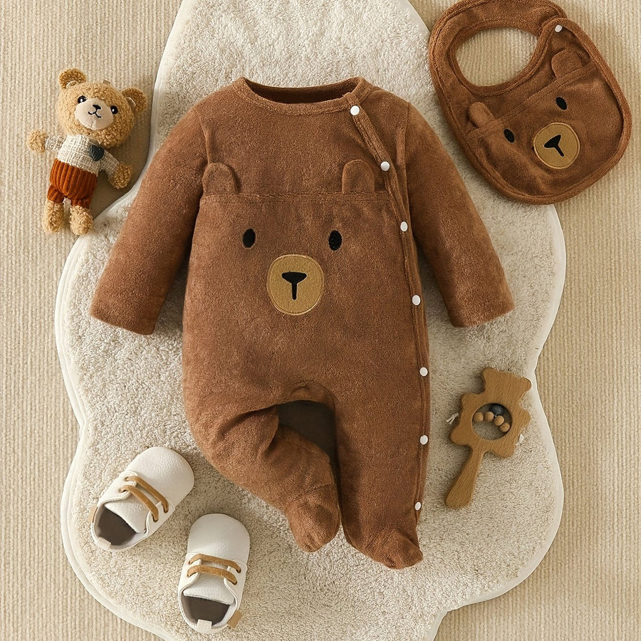 Pyjama pieds intégrés et bavoir ours brun mignon pour bébé garçon — Monptitlou
