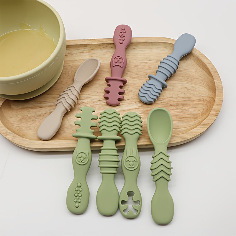 4 cuillères en silicone à mâcher, ensemble de couverts en silicone alimentaire, ustensiles de repas souples pour l'appre