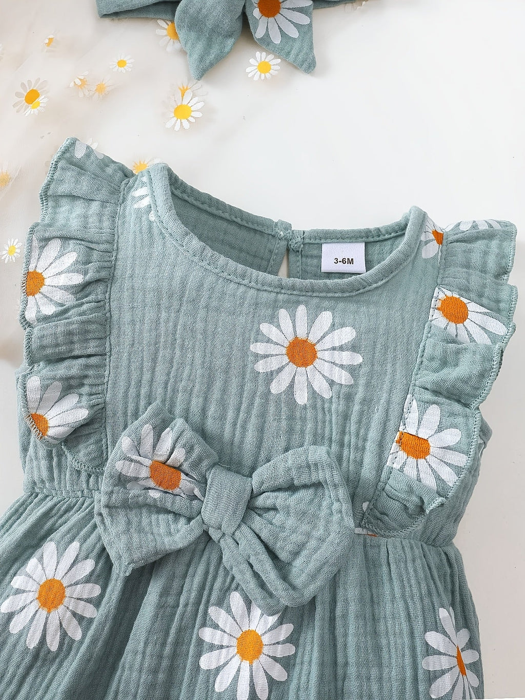 Romper bébé fille été style mignon avec motif petite marguerite imprimé, tissu froncé double face, dentelle mignonne, sa
